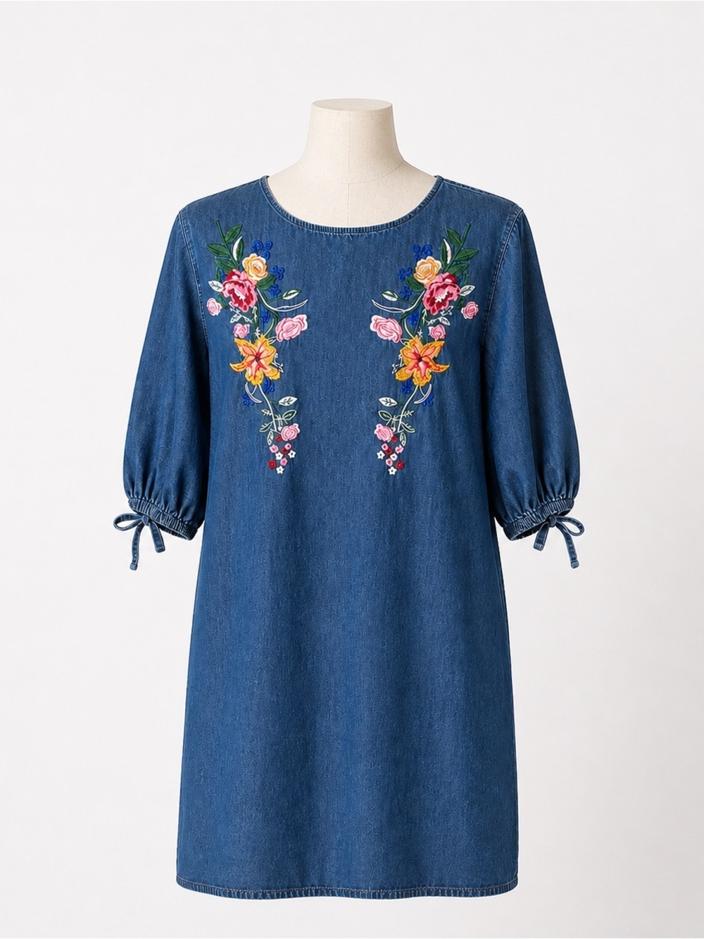 ASOS Blue Denim Floral Embroidered Quarter-sleeve Mini Dress Size Small